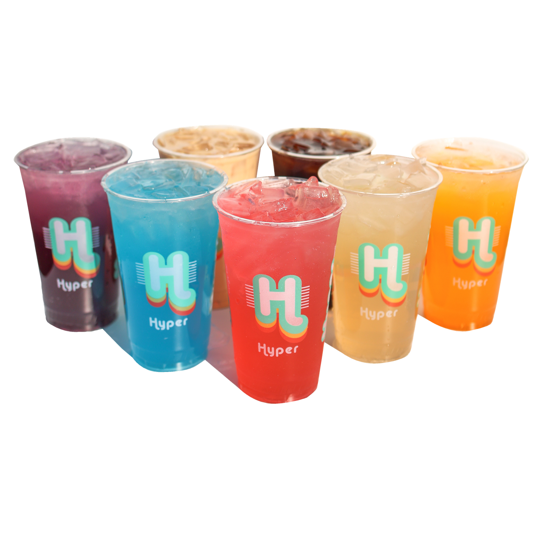 Hyper Energy Bar cups set up to display various colorful energy drinks